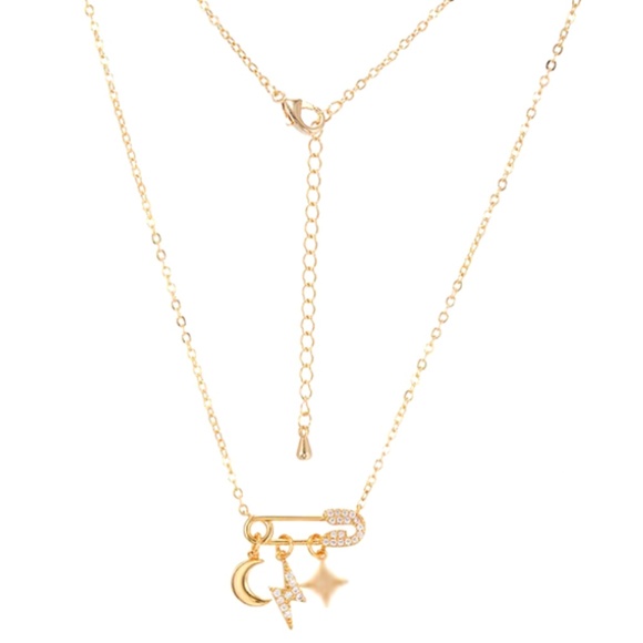18k Gold Plated Cubic Zirconia Safety Pin Moon Necklace - Picture 1 of 2